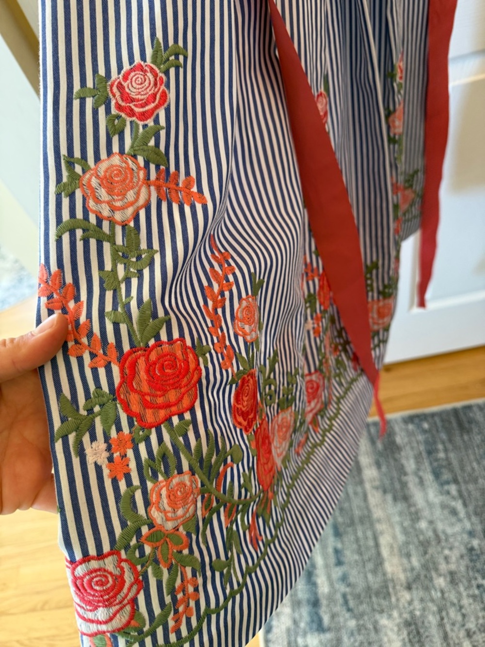 Blue and White Striped Sleeveless Dress with floral Accent - Picture 3 of 12